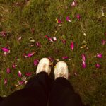 Footwear on grassy field with vibrant pink flower petals scattered, creating a serene spring vibe.